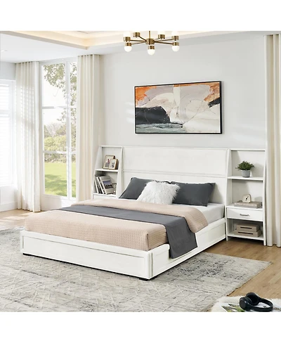 Streamdale Furniture Queen Velvet Storage Platform Bed with Bookcases and Drawer