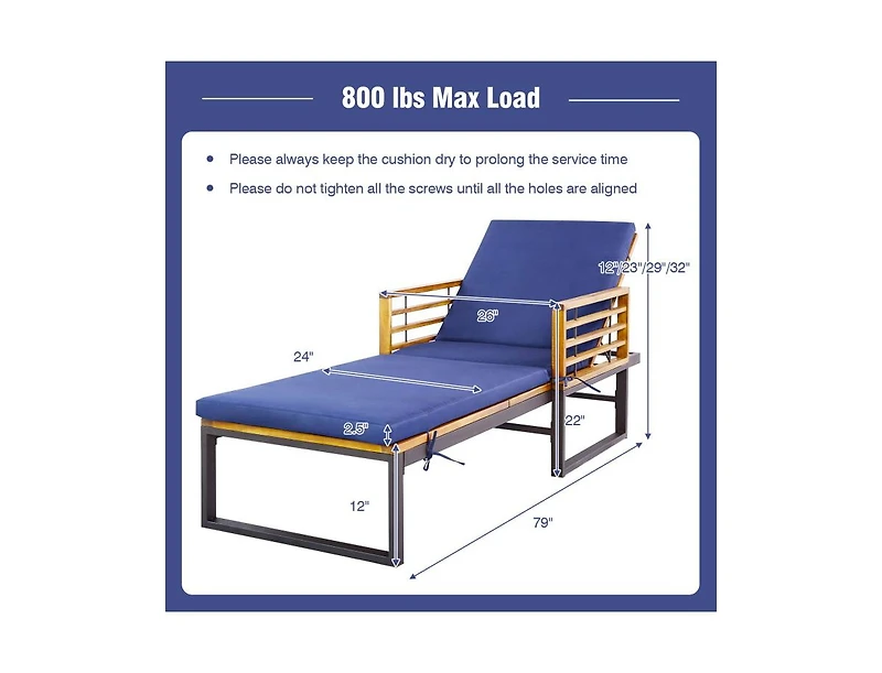 Boyel Living Adjustable Cushioned Patio Chaise Lounge Chair with 4-Level Backrest