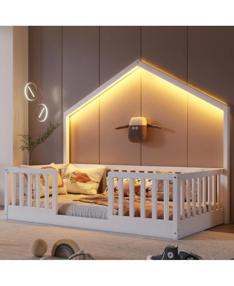 Streamdale Furniture Twin Floor Bed with High Rails and Light for Kids