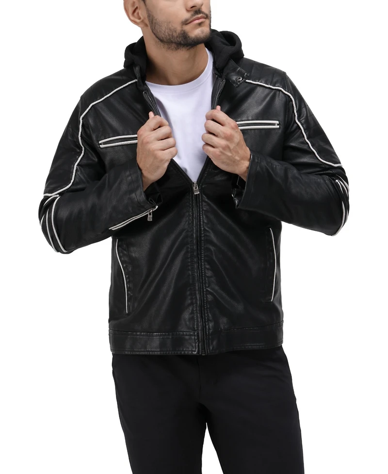 X-Ray Men's Grainy Polyurethane Moto Jacket with Hood and Faux Shearling Lining