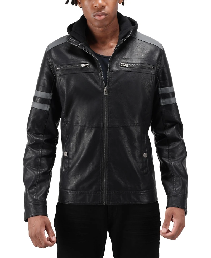 X-Ray Men's Grainy Polyurethane Leather Hooded Jacket with Faux Shearling Lining