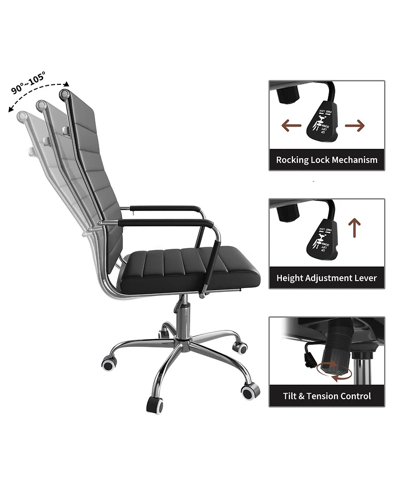Swivel Home Office Chair, Adjustable Height Ergonomic Executive Computer Chair, Ribbed Pu Leather Conference Room Chair with Arms, Black