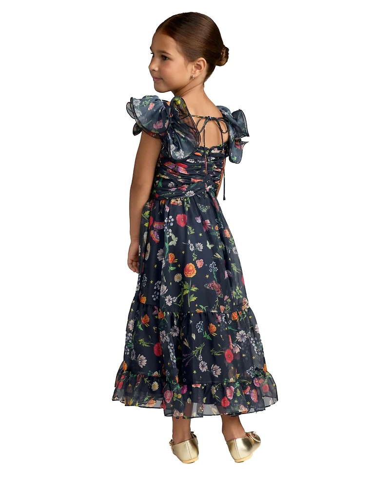 Mac Duggal Big Girls Floral Chiffon Ruffle Sleeve Dress