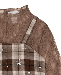 Rare Editions Girls' 7-16 Rhinestone Plaid Jumper and Lace Top, 2-Piece Set
