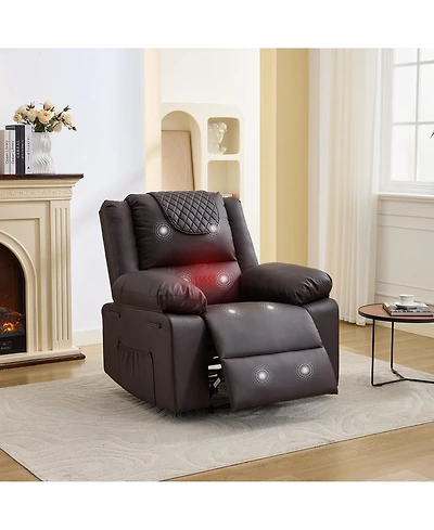 Manual Recliner Chair for Adults Heat Massage, 135 degrees Adjustable Backrest Pu Leather Wide-Seat Lounge Armchair with Side Pockets for Living Room