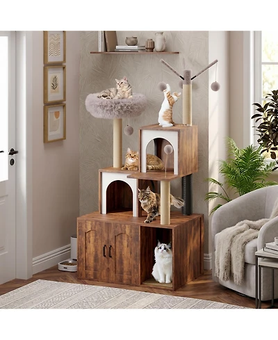 Cat Tree with Litter Box Enclosure Cat Tower Cabinet Furniture, Modern Indoor Wooden Cabinet with Sisal Scratching Post Plush Perch Elevated Platform