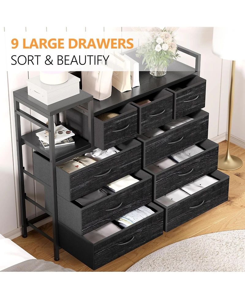 9 Drawer Dresser, Modern 39 Inch Chest of Drawers with Charging Station, Outlets, Multi Purpose Tv Stand for Bedroom, Living Room, Hallway, Black
