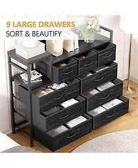9 Drawer Dresser, Modern 39 Inch Chest of Drawers with Charging Station, Outlets, Multi Purpose Tv Stand for Bedroom, Living Room, Hallway, Black