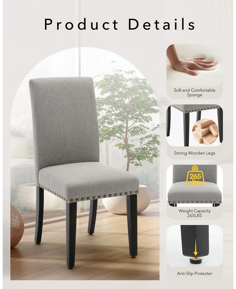 Modern Grey Linen Dining Chairs 6-Pack Nailhead Trim Padded Seat Solid Wood Legs Non-Slip Floor Pads for Home Restaurant