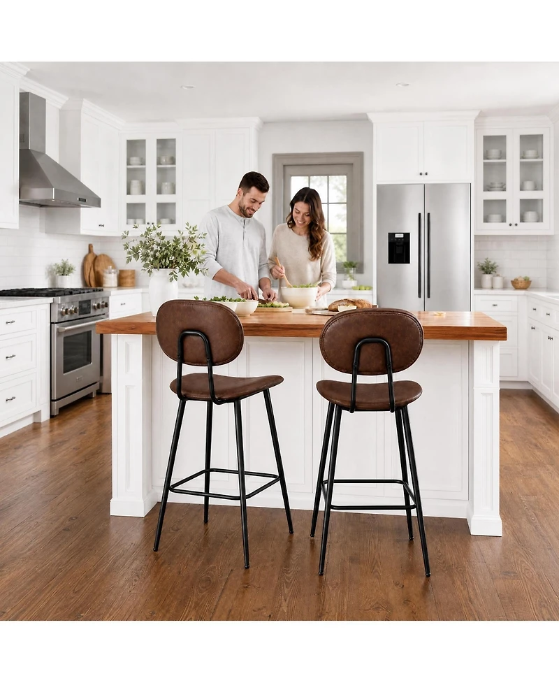 Set of 2 Bar Stools 43" Counter Height Faux Leather High Backrest with Metal Legs and Footrest for Kitchen Island Bar Dining Room Dark Brown
