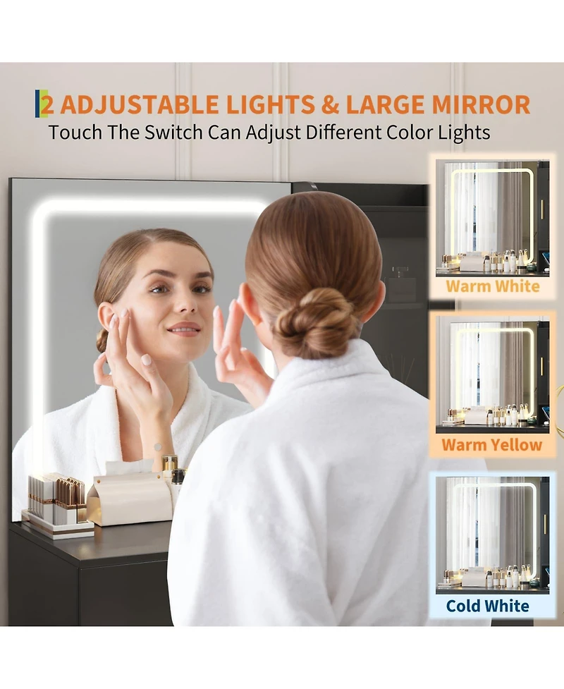 Vanity Desk with Mirror and Lights 37" Modern Makeup Dressing Table with Built-in Outlets Storage Stool 4 Drawers Led Mirror for Bedroom