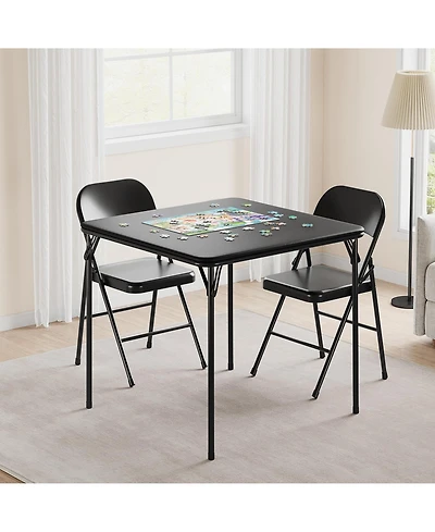 Folding Table and Chairs Set 3 Piece Square Poker Table with Metal Frame Pu Leather Seats Space Saving Portable for Party Game Night Camping