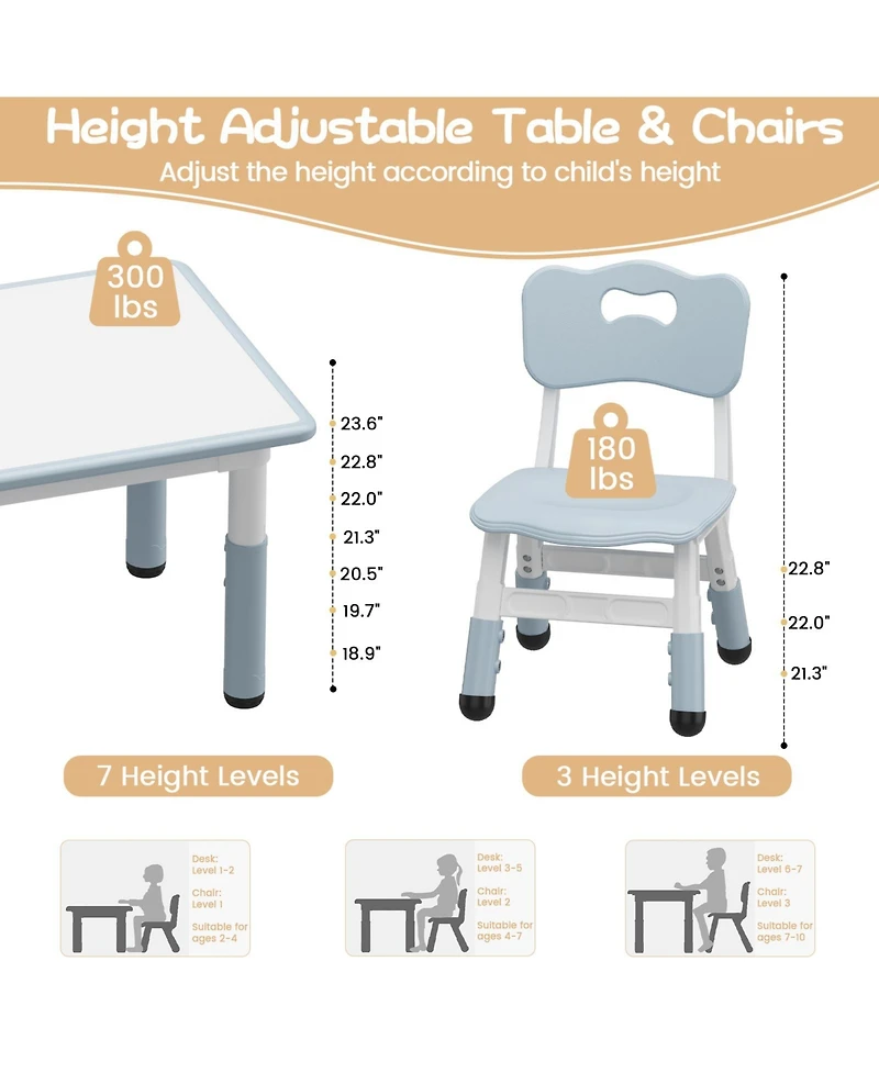Kids Table and 4 Chairs Set Height Adjustable with Graffiti Desktop Non-Slip Legs Easy Clean Activity Desk for Toddlers Daycare Study Area Home