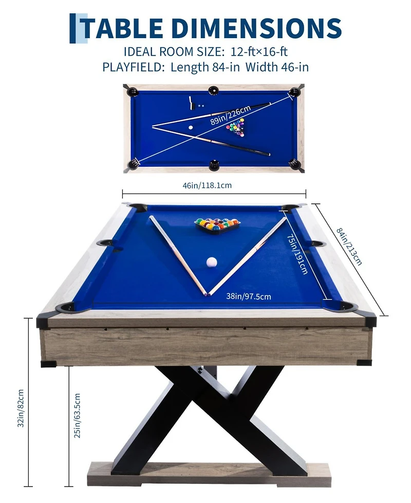 7 Ft Pool Table, Metal K-Leg Billiard Table, with 2 Cues, 16 Balls, Chalk, Triangle and Brush, Modern Finish, for Home Game Room, Family Entertainment