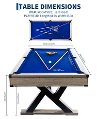 7 Ft Pool Table, Metal K-Leg Billiard Table, with 2 Cues, 16 Balls, Chalk, Triangle and Brush, Modern Finish, for Home Game Room, Family Entertainment