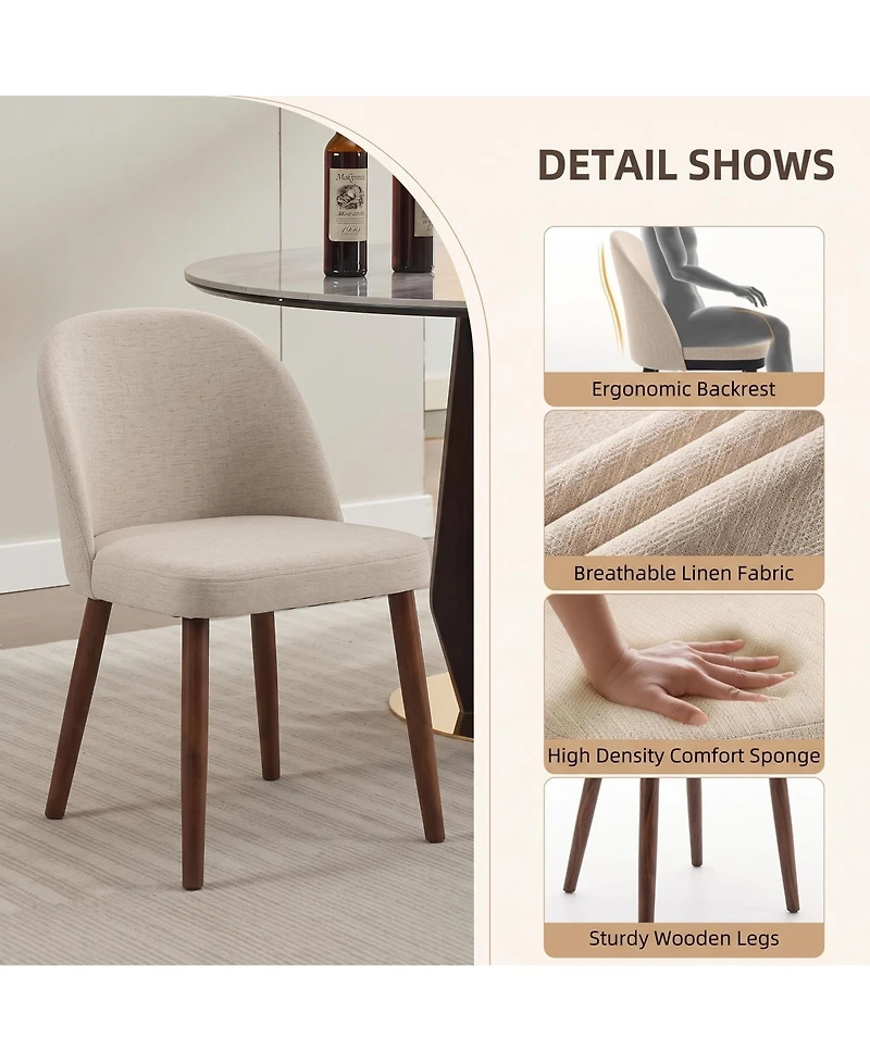 Wooden Dining Chairs Set of 2, Modern Fabric Dining Chairs, Upholstered Chairs with Wood Legs, Curved Thick Backrest for Kitchen Dining Room