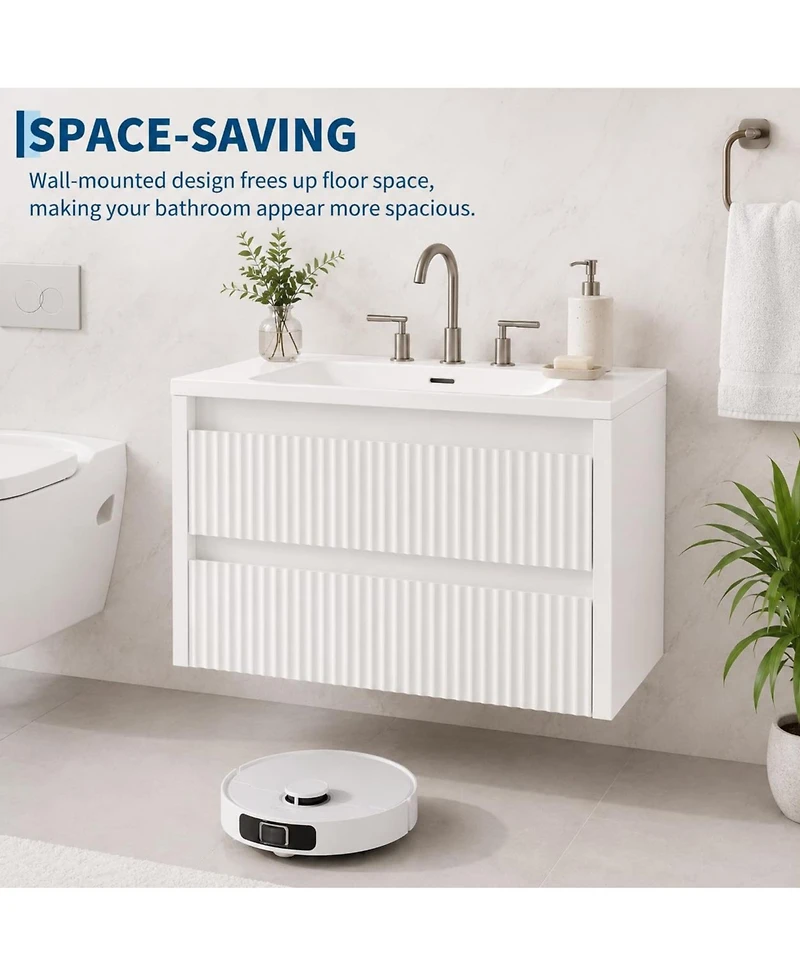 Wall Vanity 24 Inch Fluted 2 Drawer Bathroom Cabinet with Ceramic Sink 4" 3 Hole Floating Mount for Modern Bathroom