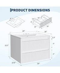 Wall Vanity 24 Inch Fluted 2 Drawer Bathroom Cabinet with Ceramic Sink 8" 3 Hole Floating Mount for Modern Bathroom