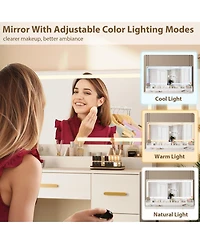 Makeup Vanity Desk with Led Lighted Mirror, Drawers, Cushioned Storage Stool, Built-in Charging Station, Dressing Table for Bedroom