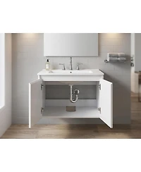 Wall Mounted Vanity with Sink 24 Inch Wood Fluted 2 Door Bathroom Cabinet 4" 3 Hole Ceramic Sink for Small Modern Bathroom