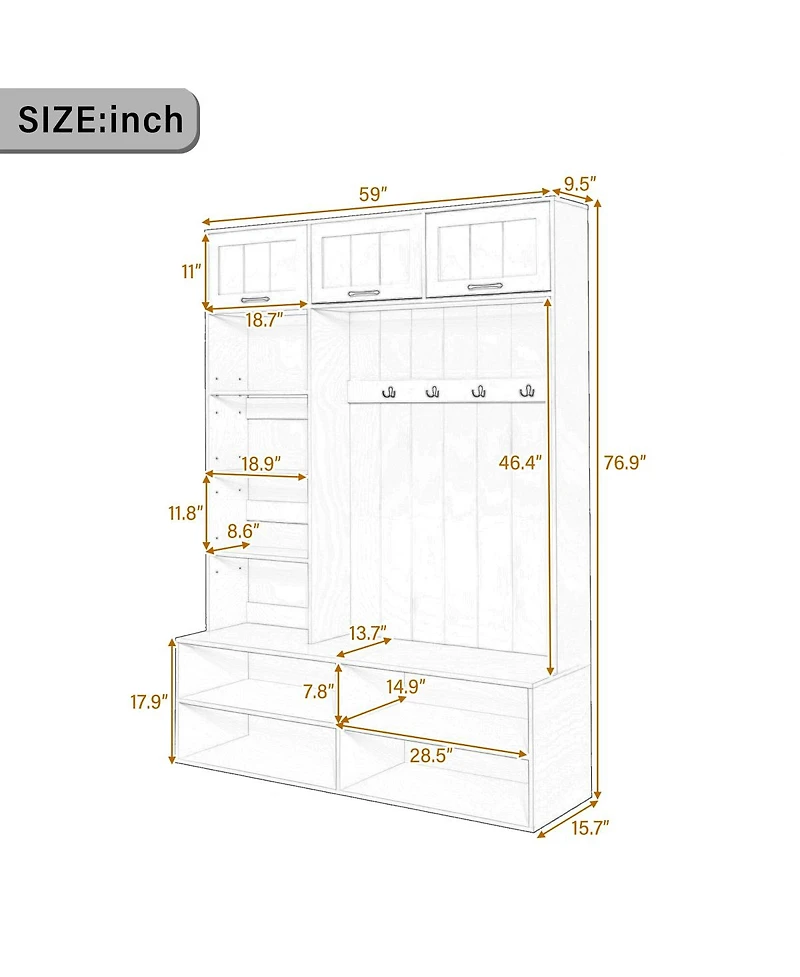 Streamdale Furniture 76.9" Farmhouse Hall Tree with Bench, Shoe Storage and 4 Hooks