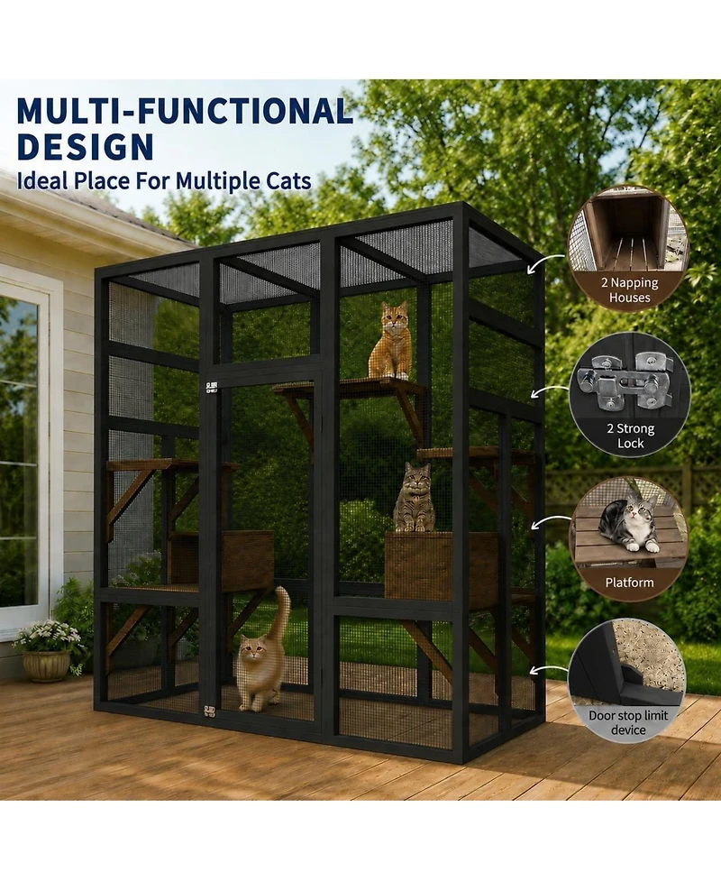 47.6 x 31.5 in Wooden Cat House, Large Outdoor Catio with Carbon Steel Frame, Multi-Level Cat Cage for Indoor Outdoor Cats