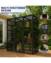 47.6 x 31.5 in Wooden Cat House, Large Outdoor Catio with Carbon Steel Frame, Multi-Level Cat Cage for Indoor Outdoor Cats