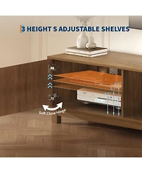 70" Fluted Mid-Century Tv Stand for TVs up to 80", Storage and Adjustable Shelves, Brown
