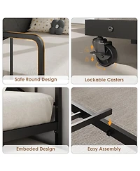 Daybed with Pull Out Trundle, Twin Bed Frame with Upholstered Headboard, Led Light, Usb Charging Station, Multi-Pocket Storage for Bedroom
