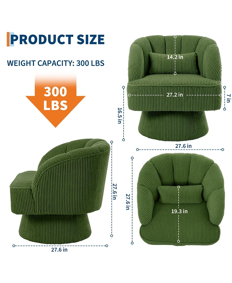 Swivel Barrel Accent Chair, 360 Degree Upholstered Armchair, Comfy Lounge Reading Chair for Living Room Bedroom Reading Nook, Green Corduroy
