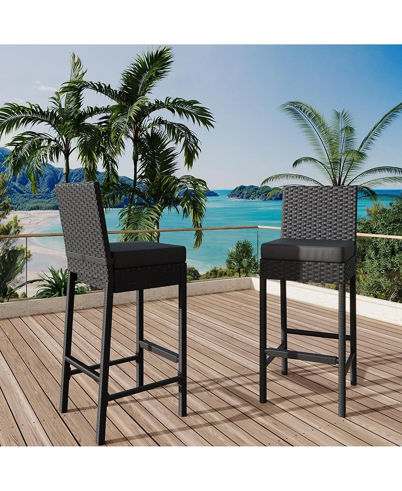 Set of 2 Wicker Outdoor Bar Stools, Counter Height Patio Bar Chairs with Soft Cushions, Backrest, Footrest, Weather Resistant Frame for Yard, Poolside