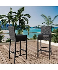 Set of 2 Wicker Outdoor Bar Stools, Counter Height Patio Bar Chairs with Soft Cushions, Backrest, Footrest, Weather Resistant Frame for Yard, Poolside