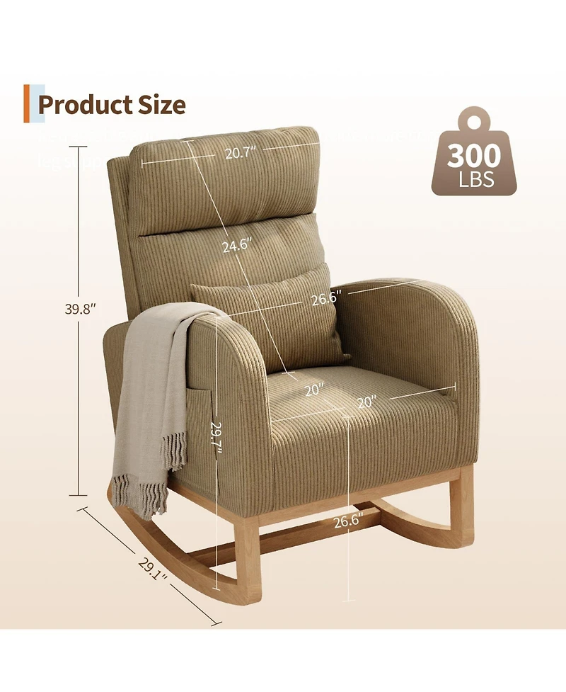 Rocking Chair Modern Upholstered Glider with Side Pockets and Pillow Ergonomic Accent Nursery Chair for Living Room Bedroom Lounge