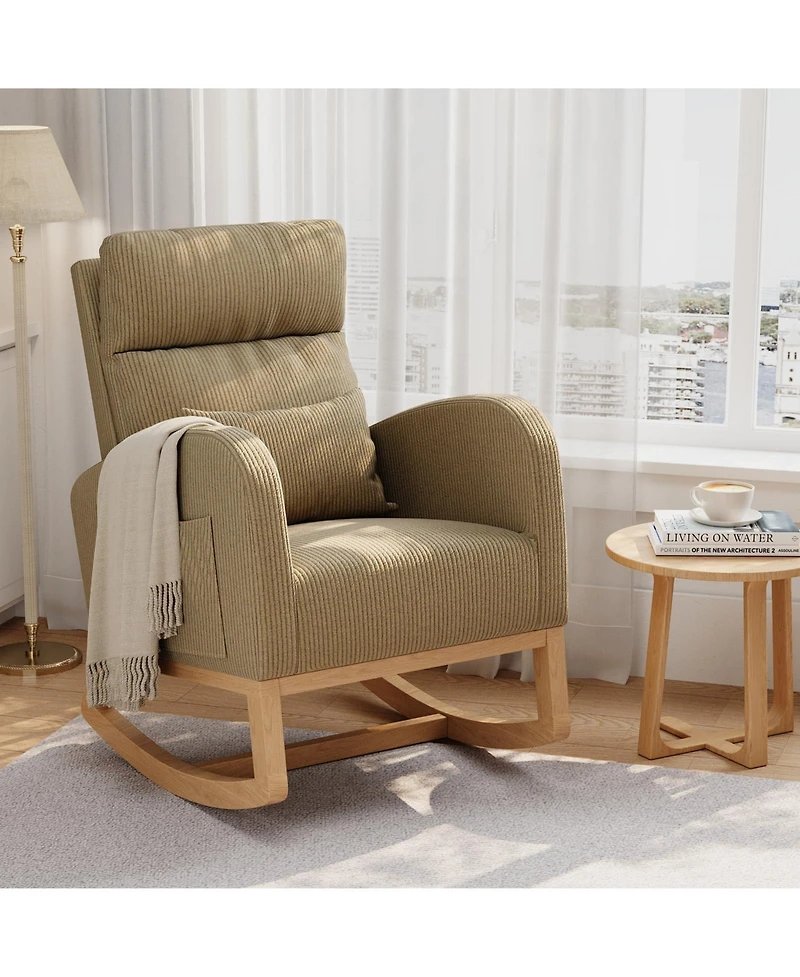 Rocking Chair Modern Upholstered Glider with Side Pockets and Pillow Ergonomic Accent Nursery Chair for Living Room Bedroom Lounge