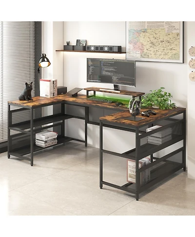 Streamdale Furniture U-Shaped Desk with Power Outlet, Led Strip and Monitor Stand, Vintage
