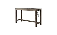 Flynama 3-Piece Antique Oak Counter Height Dining Set, Solid Wood Table with Outlet and 2 Tufted Linen Stools