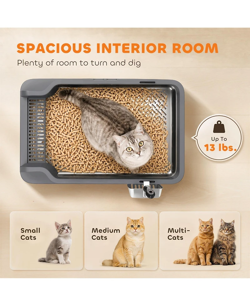 PawHut Stainless Steel Sifting Litter Box for Pine Pellets with Sifter Tray