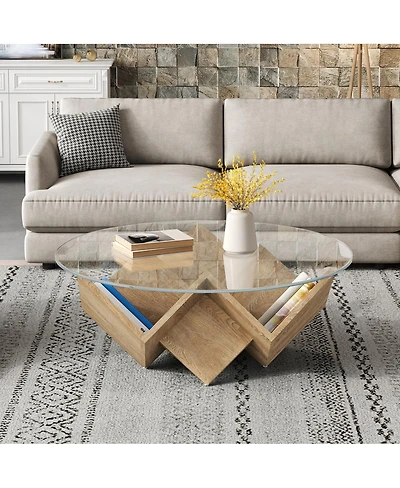 Streamdale Furniture Round Glass Coffee Table with Art Deco Base and Storage