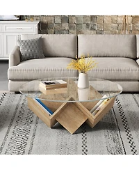 Streamdale Furniture Round Glass Coffee Table with Art Deco Base and Storage