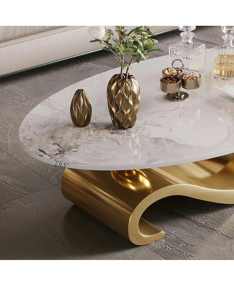 Streamdale Furniture Gold Metal Coffee Table with Stainless Steel Pedestal and Faux Marble Top