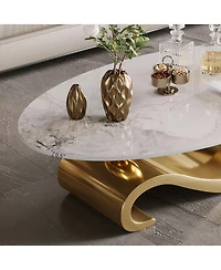 Streamdale Furniture Gold Metal Coffee Table with Stainless Steel Pedestal and Faux Marble Top