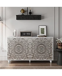 Streamdale Furniture 60" Boho Mandala 3D Embossed 4-Door Sideboard Buffet Cabinet
