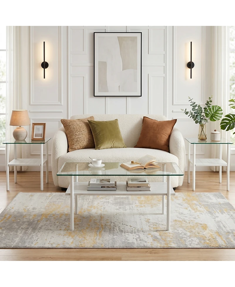 Streamdale Furniture Modern Glass Coffee Table and End Tables Set of 3 with Wooden Shelf