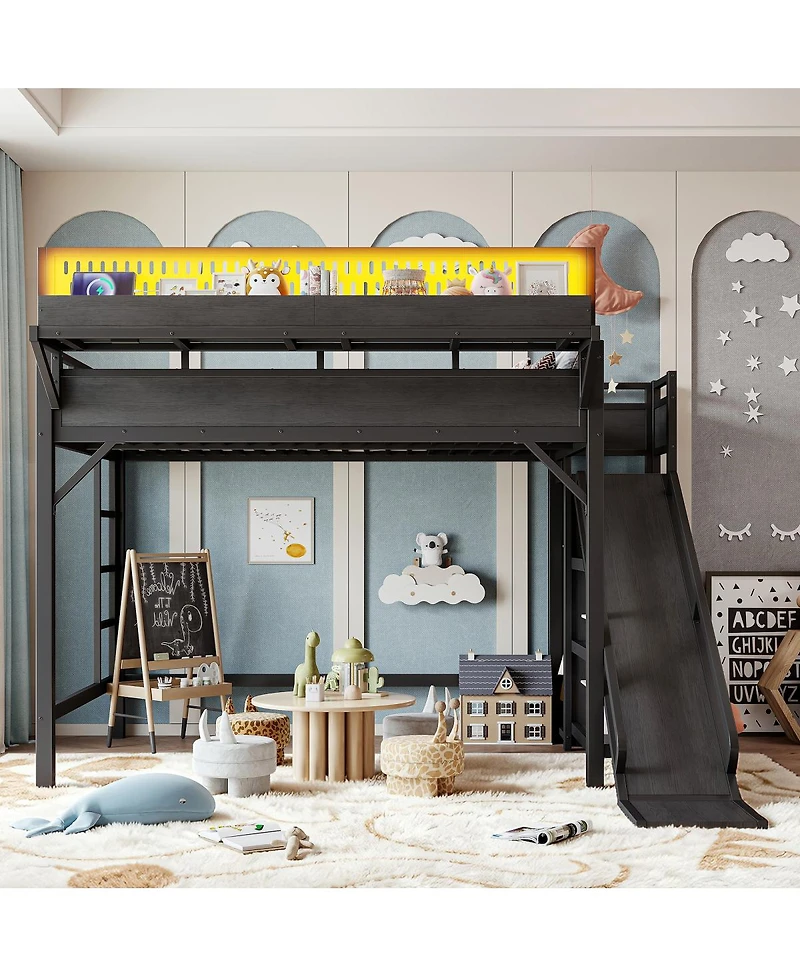 Streamdale Furniture Full Size Metal Loft Bed with Slide, Wardrobe and Led Lights