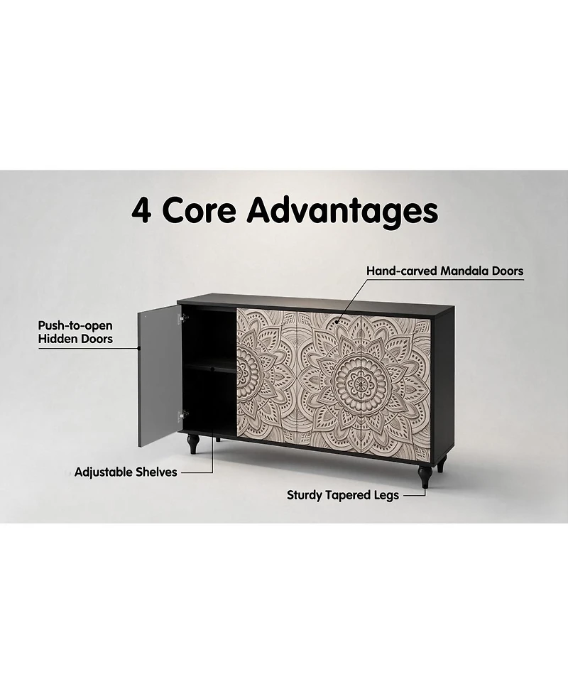 Streamdale Furniture 60" Boho Mandala 3D Embossed 4-Door Sideboard Credenza