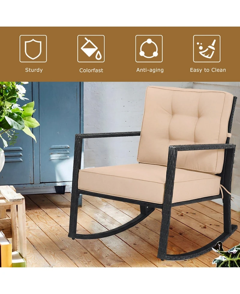 Sugift Outdoor Wicker Glider Rocking Chair with Thick Seat and Back Cushions