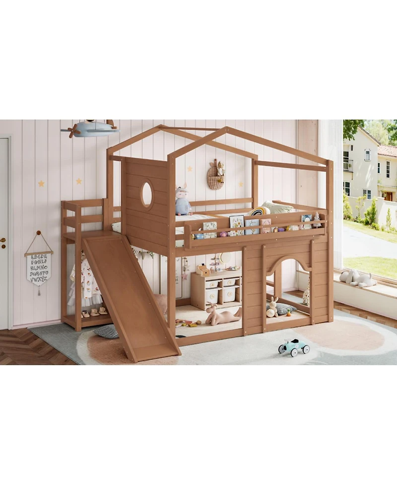 Streamdale Furniture Full Size House Loft Bed with Slide, Wardrobe and Bookshelves