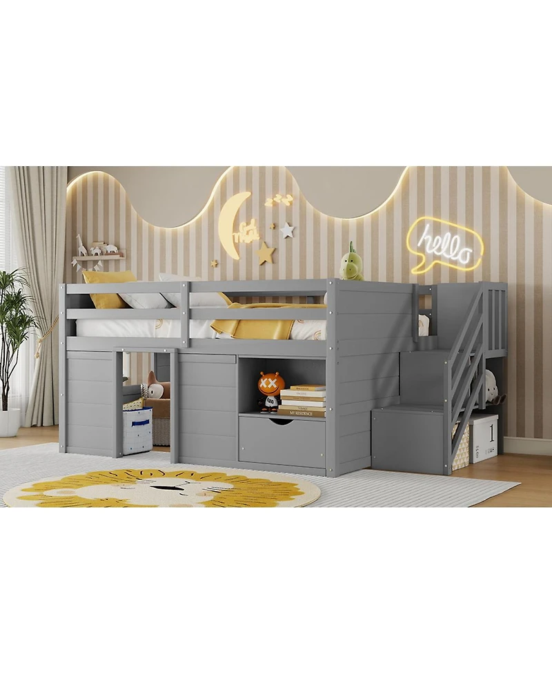 Streamdale Furniture Full Size Wood Low Loft Bed with Stairs, Storage and Led Lights