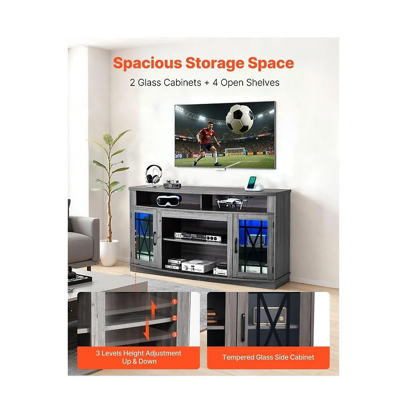 Slickblue Farmhouse Entertainment Center with Tv Stand, Storage Cabinets, Led Light Strip for Bedroom
