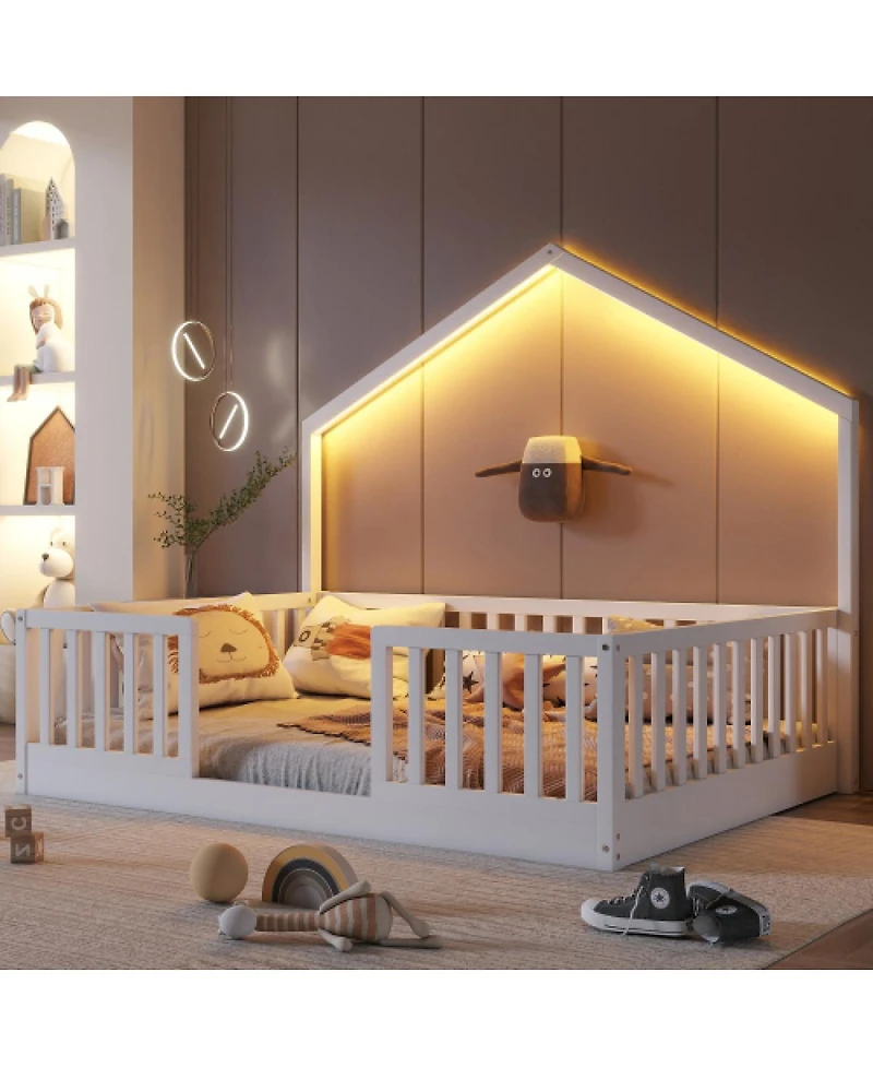 Streamdale Furniture Full Floor Bed with High Rails and Light for Kids